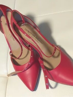 Christian Siriano Women's Red Strappy Studded Pointed Cross over Ankle Heels